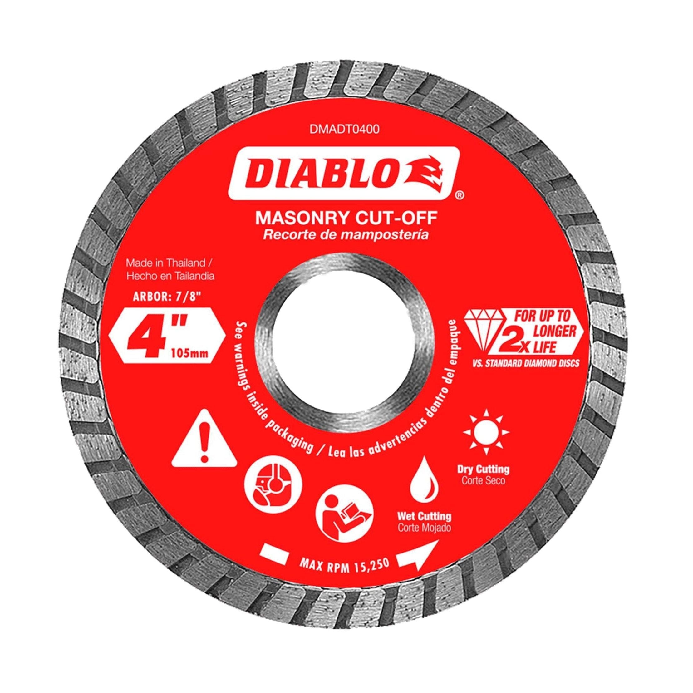 Image of the Diablo DMADT0400 4-inch diamond turbo masonry cut-off disc with industrial-grade diamonds. The red blade is suitable for both wet and dry cutting, features a 7/8 arbor, and has a maximum speed of 15,250 RPM.